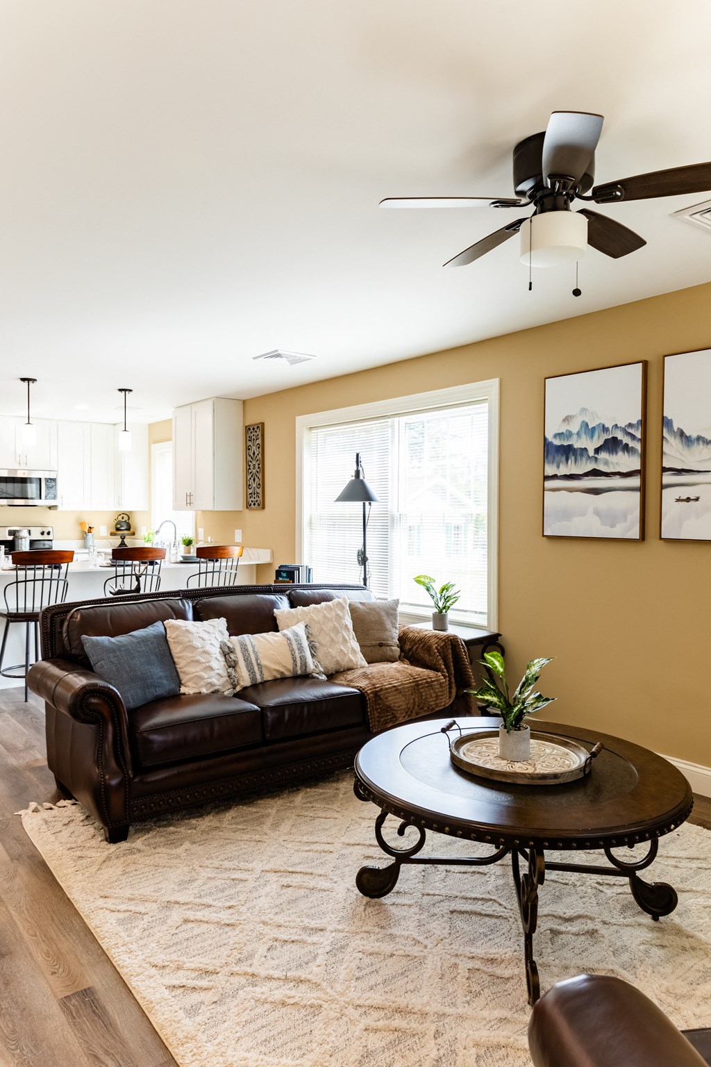 a living room with a couch and a table
