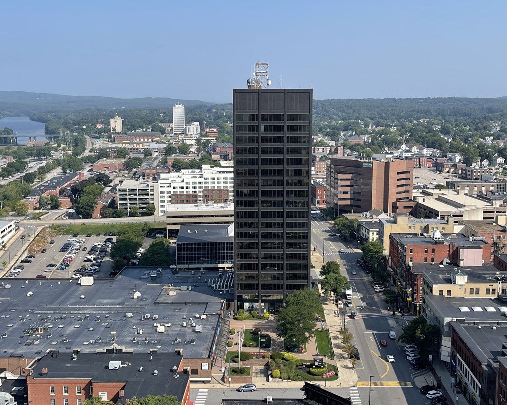 an aerial view of a city with a river in the background