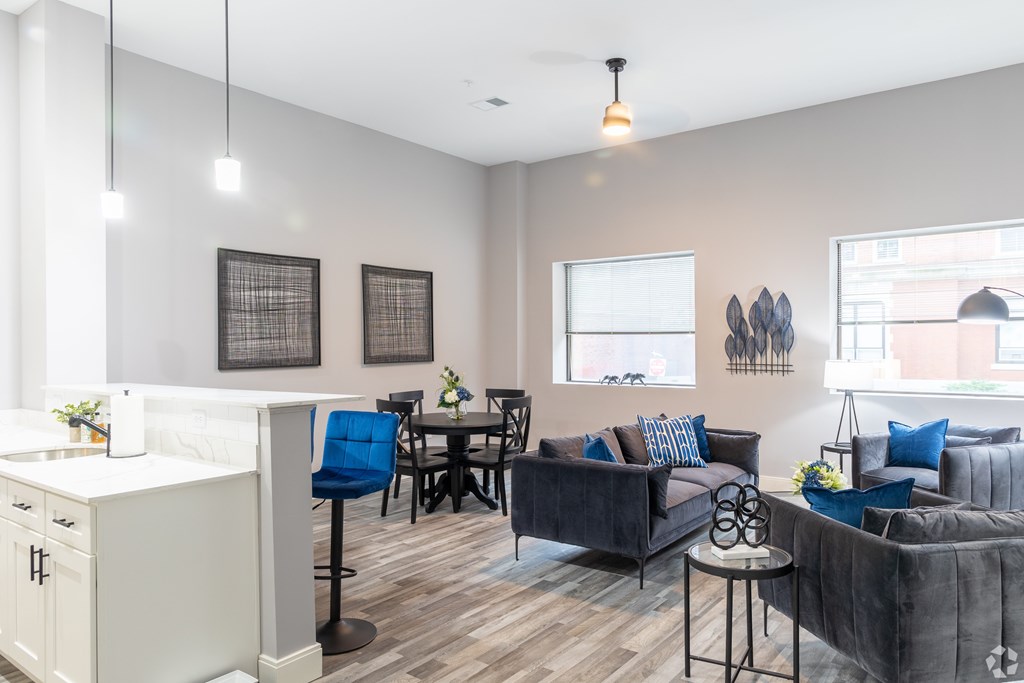 A living room with a grey couch and a white counter.