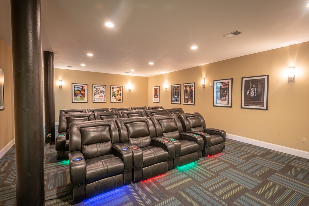 a large theater room with leather seats and paintings on the wall