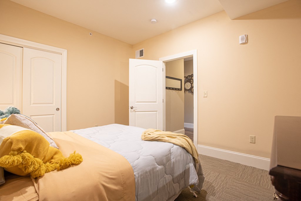 a bedroom with a bed and a closet