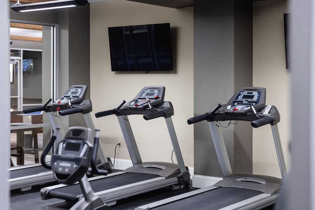 Three treadmills are lined up in a row in a gym.