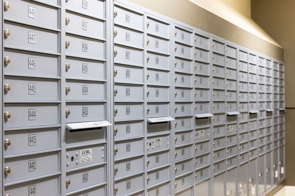 A wall of mailboxes with numbers ranging from 441 to 445.