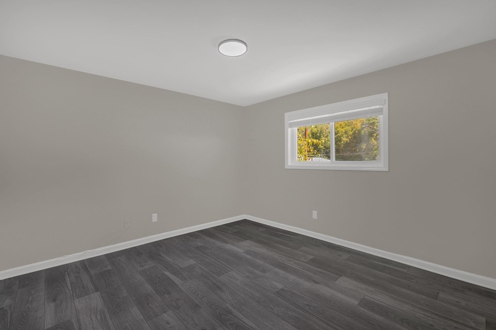 A room with a window showing trees outside.