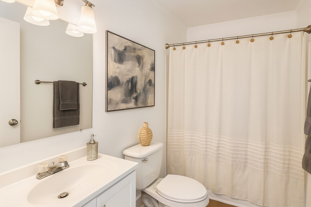 A bathroom with a white toilet, sink, and shower curtain.