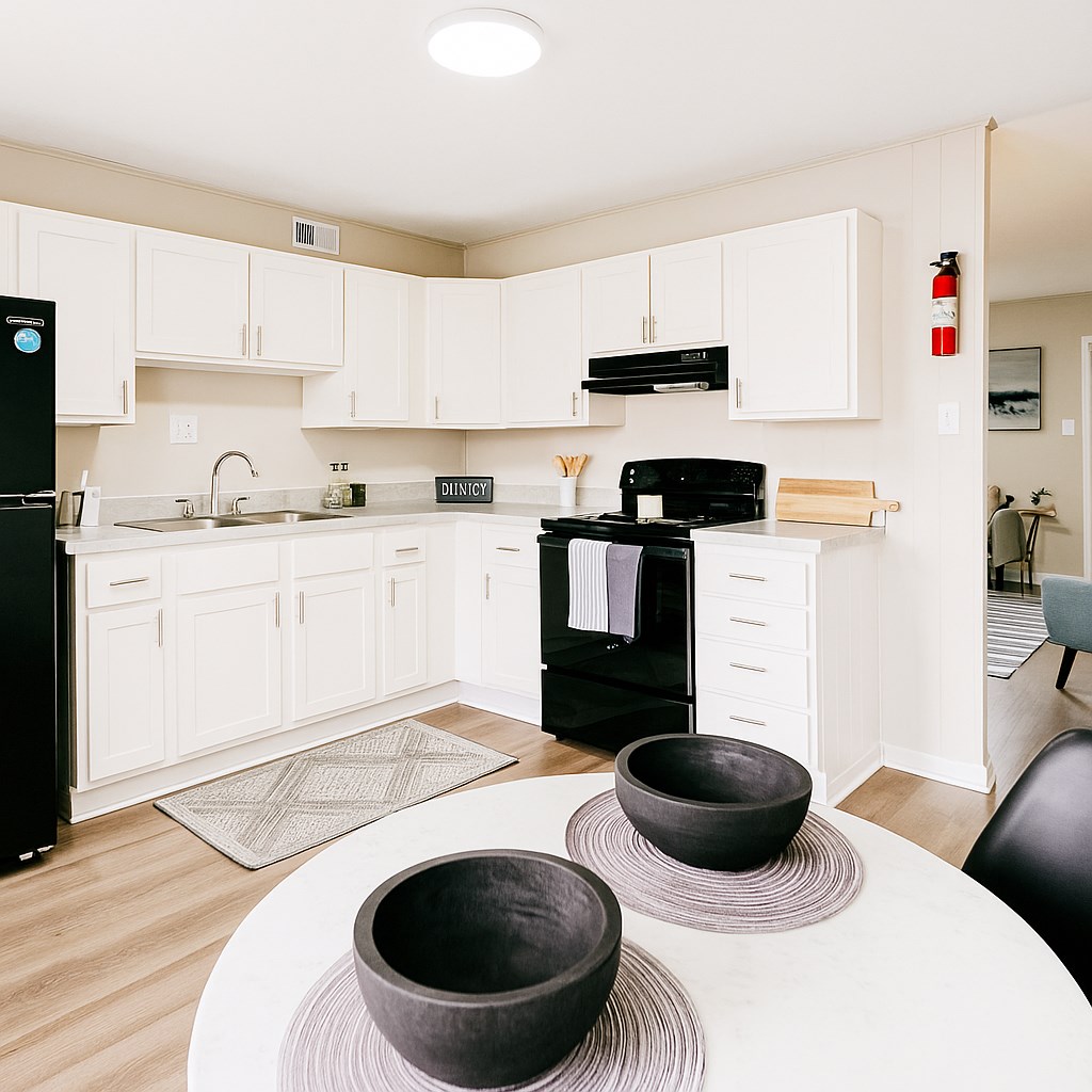 A black refrigerator sits in a kitchen with white cabinets and a black oven.