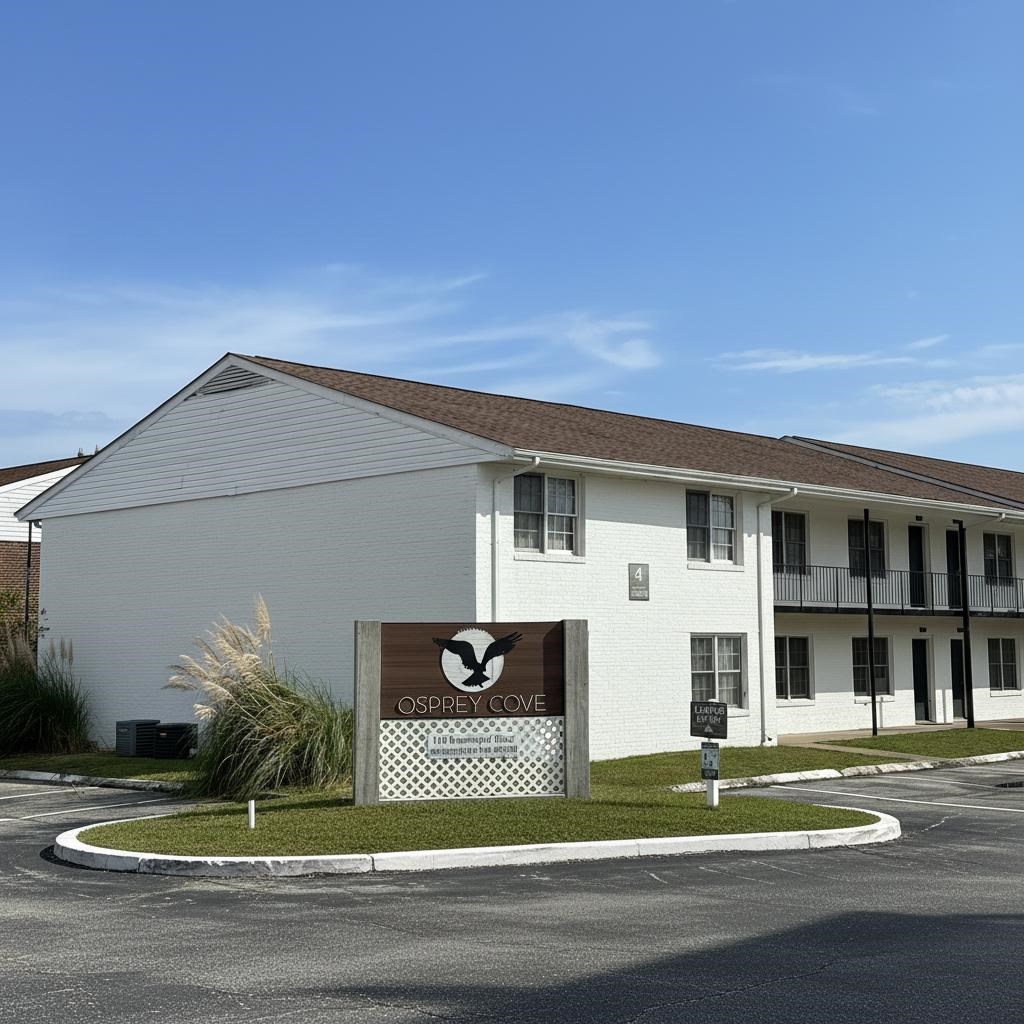 A white building with a sign that says "Osprey Cove" in front of it.