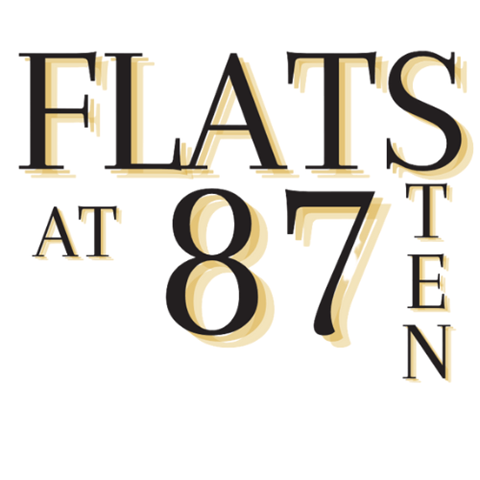 A graphic with the text "FLATS AT 87 TEN" in gold and black.