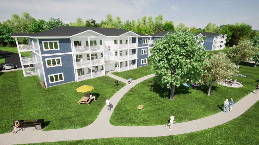 a computer generated image of the exterior of a building with a tree in the middle of a