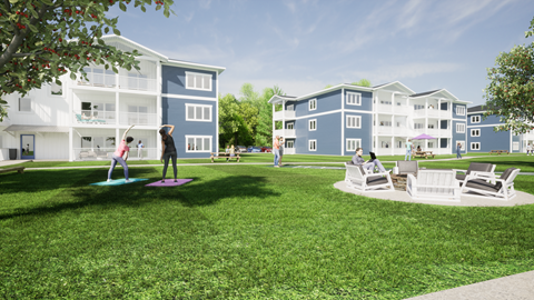 a rendering of an apartment complex with people exercising on the lawn