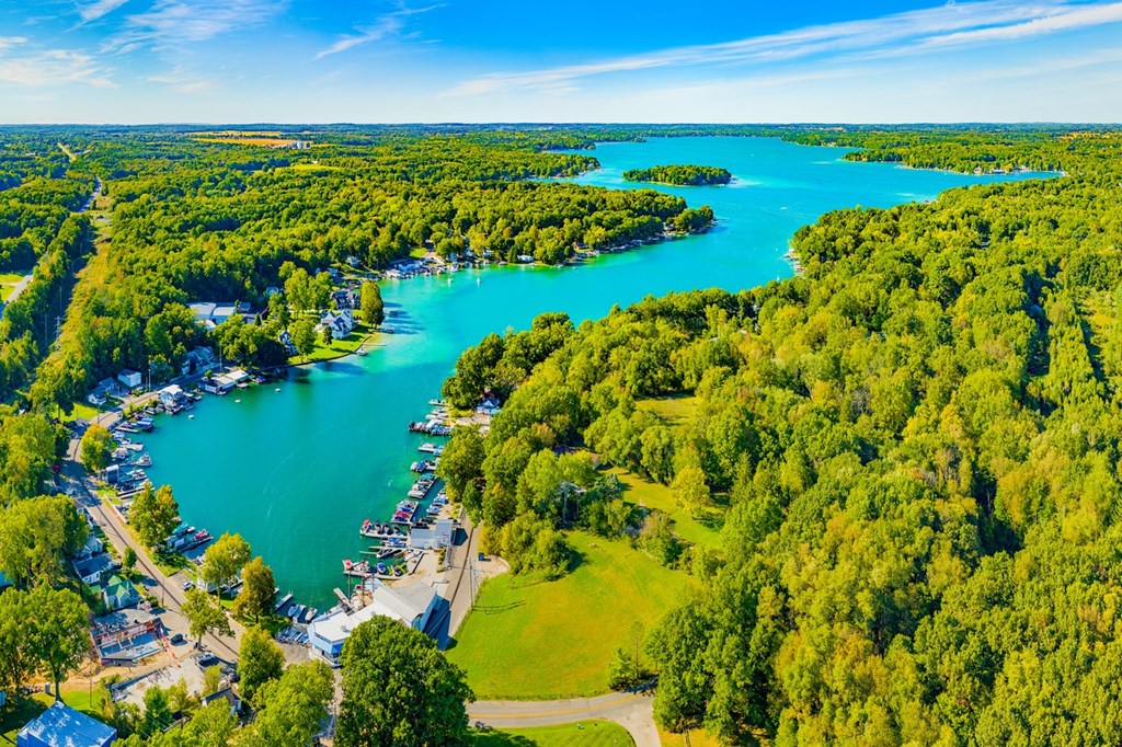 arial view of a lake with a marina