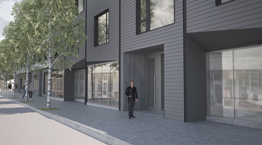 a rendering of a man standing in front of a building