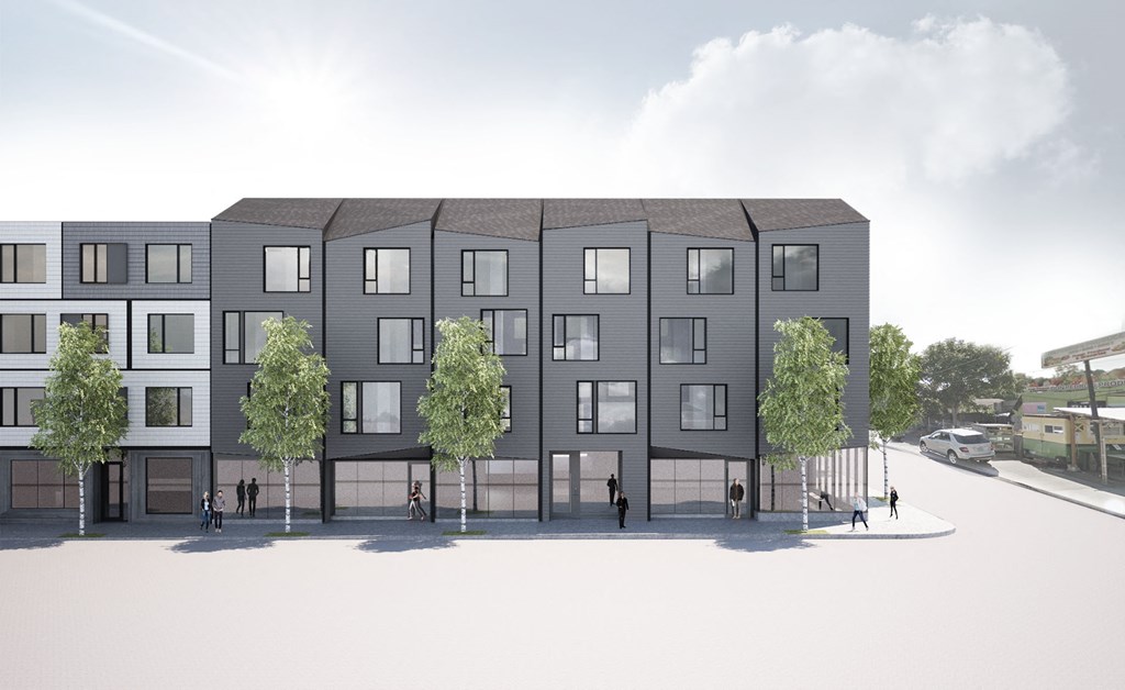 a rendering of a three story building with trees in front of it