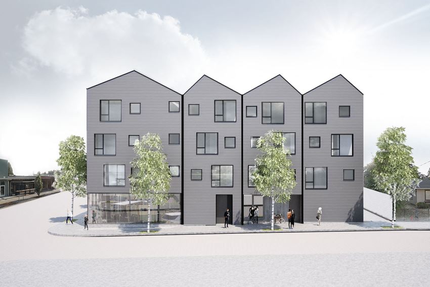a rendering of a three story apartment building on a city street