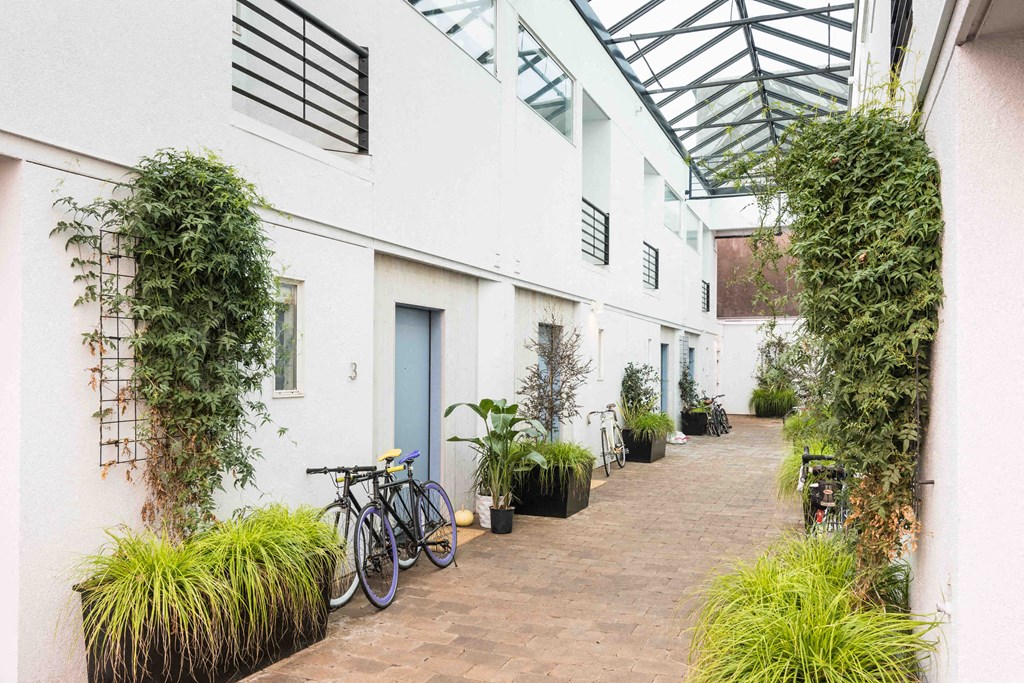 a courtyard with bikes and potted plants and a white building