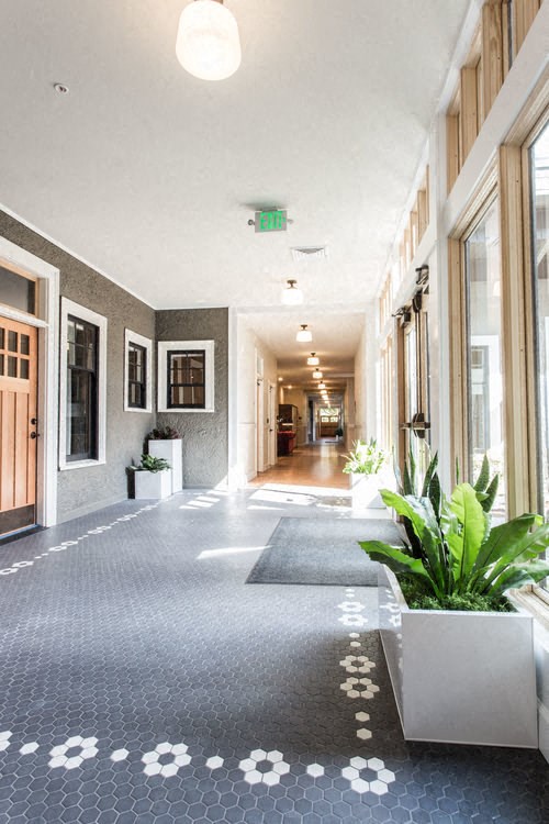 a large hallway with windows and a potted plant