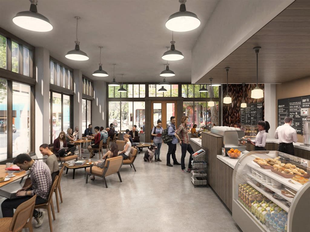 a rendering of a restaurant with people sitting at tables