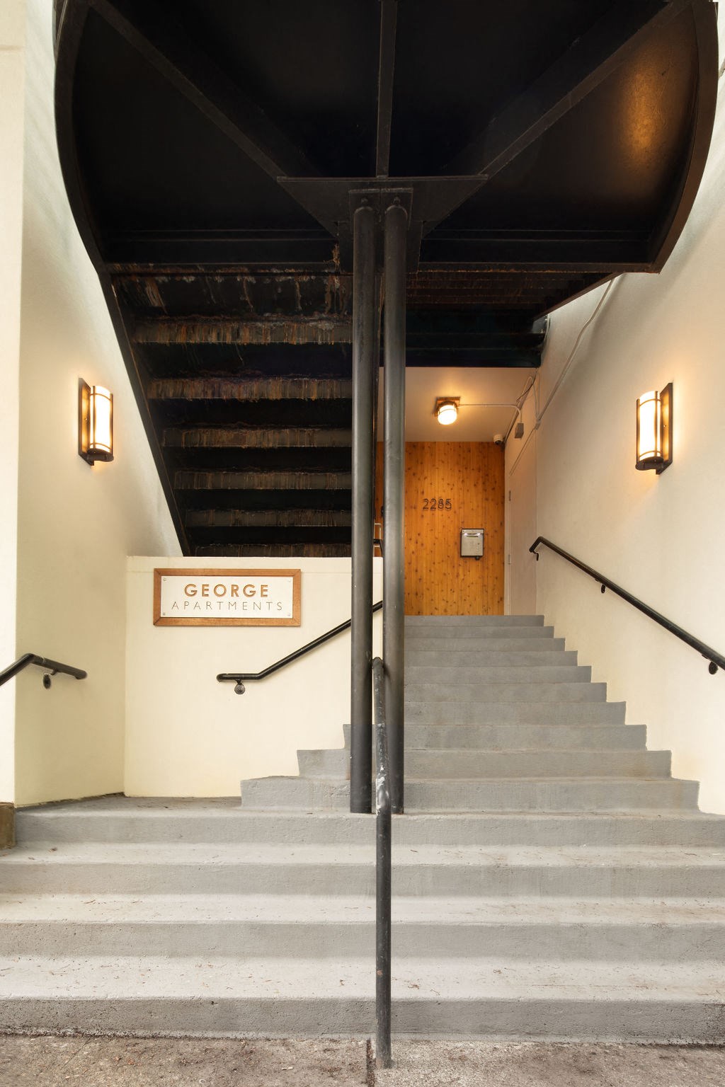 a staircase leading up the side of a building with stairs