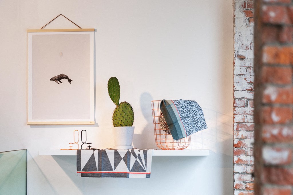 a shelf with a plant and a picture on it