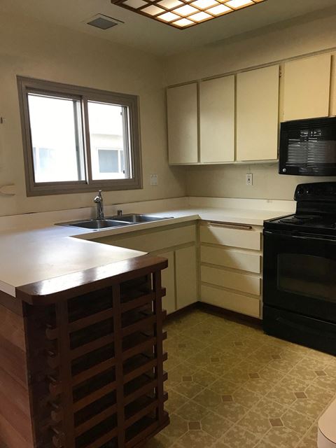 a kitchen with a counter and a stove and a sink