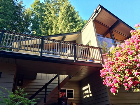 a house with a deck and a flowering tree