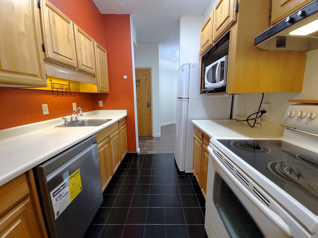 a kitchen with a stove and a sink and a refrigerator