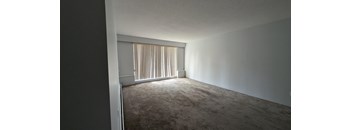 A room with a carpeted floor and a window with blinds.