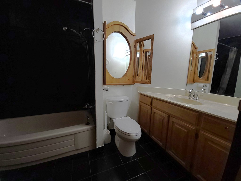 a bathroom with a toilet and a sink and a bath tub