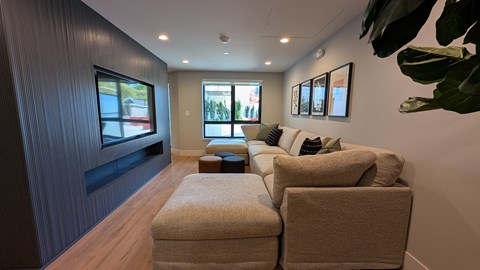 A living room with a couch, ottoman, and a television.