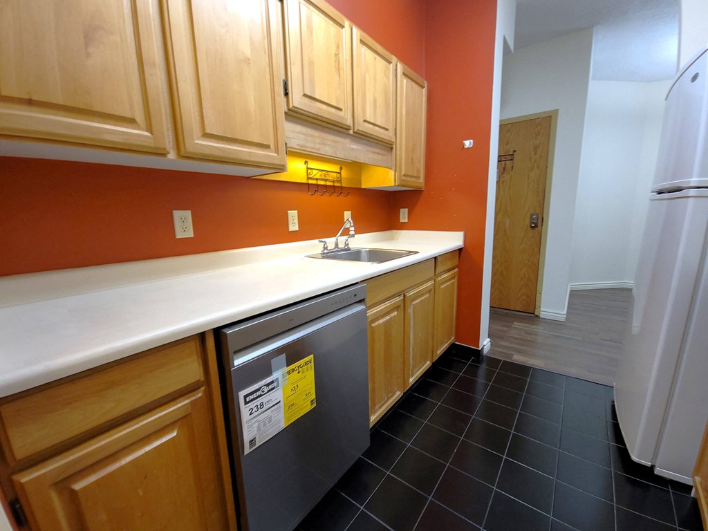 a kitchen with wooden cabinets and a dishwasher and a sink