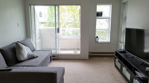 A living room with a grey couch and a black television.