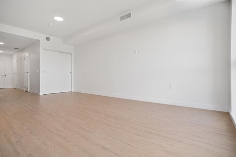 Empty room with white walls and wooden flooring.