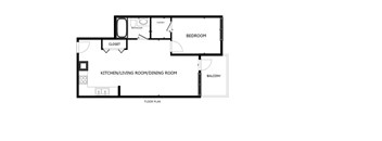 A floor plan of a house with a bedroom, a closet, and a kitchen/living room/dining room.