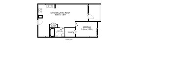 A floor plan of a small apartment with a kitchen, living room, and bedroom.