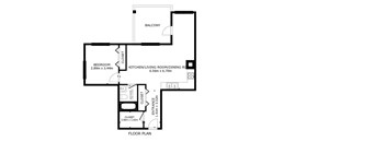 A floor plan of a home with a balcony, kitchen, living room, dining room, and two bedrooms.
