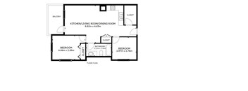 A floor plan of a house with a kitchen, living room, and two bedrooms.