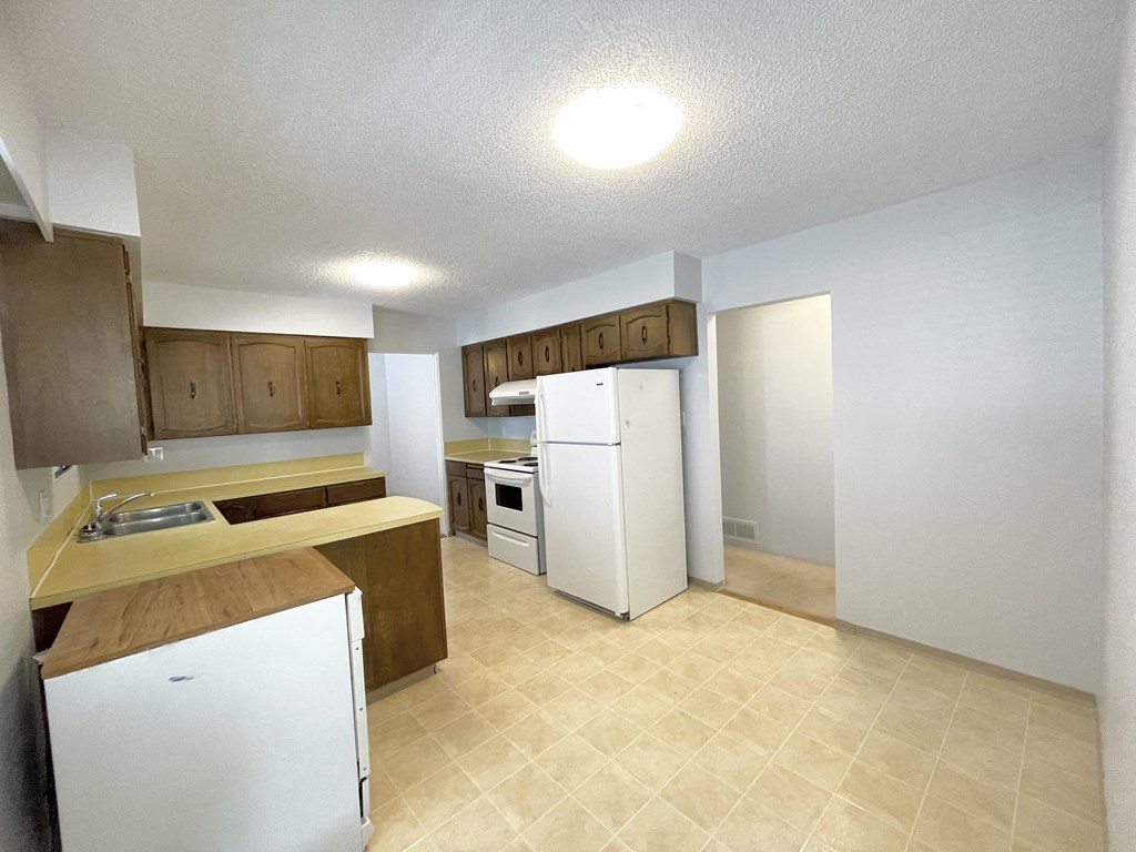 an empty kitchen with a refrigerator and a sink