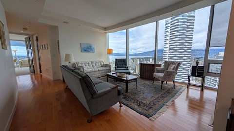 A living room with a grey sofa and a rug.