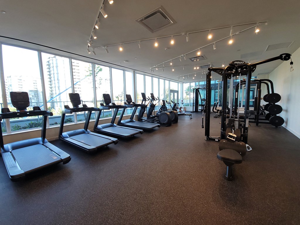 a fitness room with cardio equipment and a view of the city