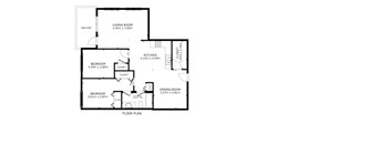 A black and white floor plan of a house with a living room, kitchen, two bedrooms, a dining room, and a closet.