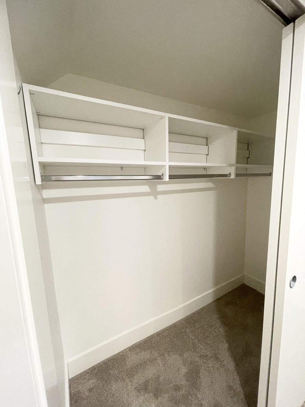 a walk in closet with white shelves and a carpet