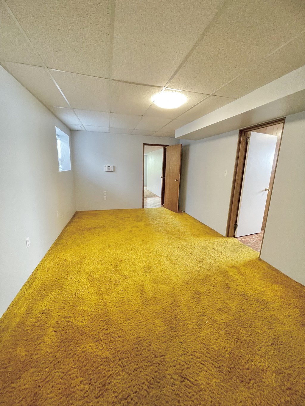 an empty room with a yellow carpet in a building