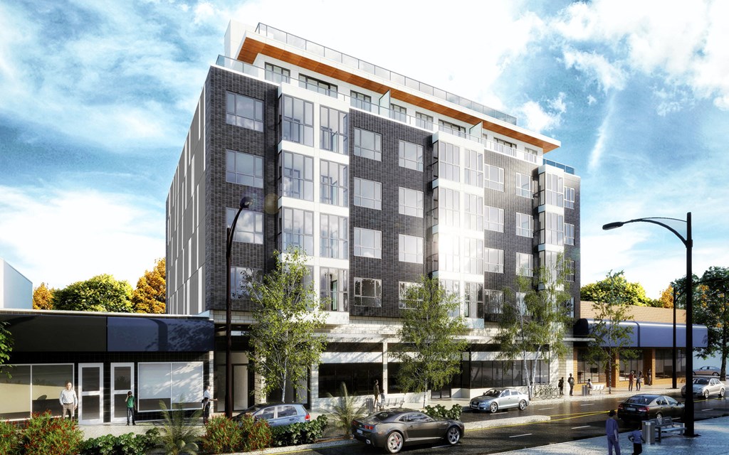 a rendering of a tall building on a city street