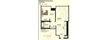 A floor plan for a 634 square foot home with a living room, dining room, bedroom, bathroom, and closet.