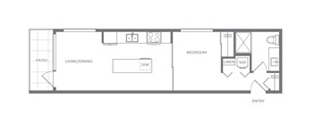 A floor plan of a small apartment with a living area, dining area, and two bedrooms.