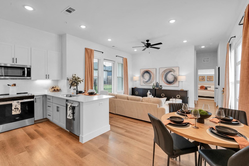 kitchen, dining, and living room area