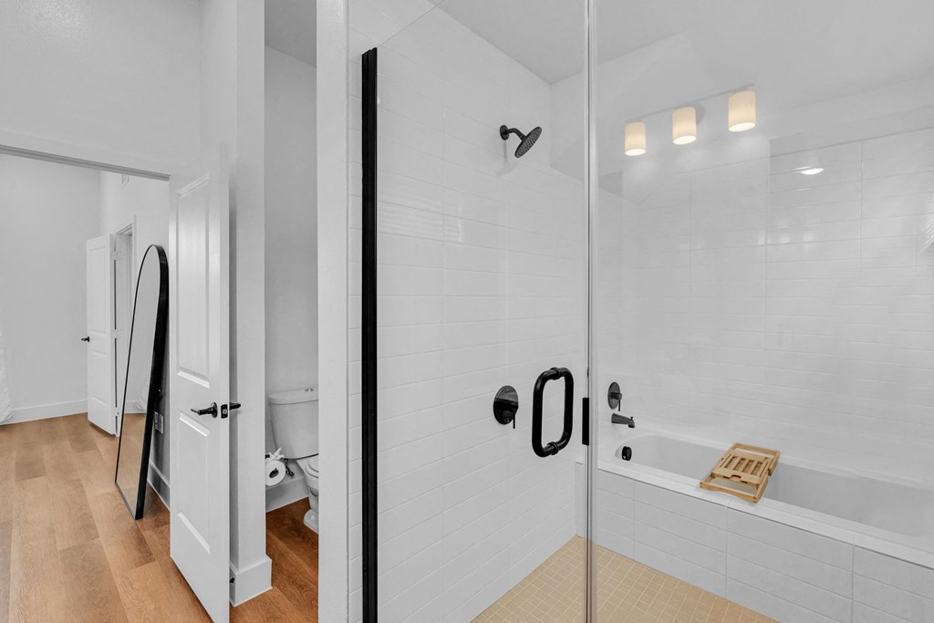 large shower with tub and standing area