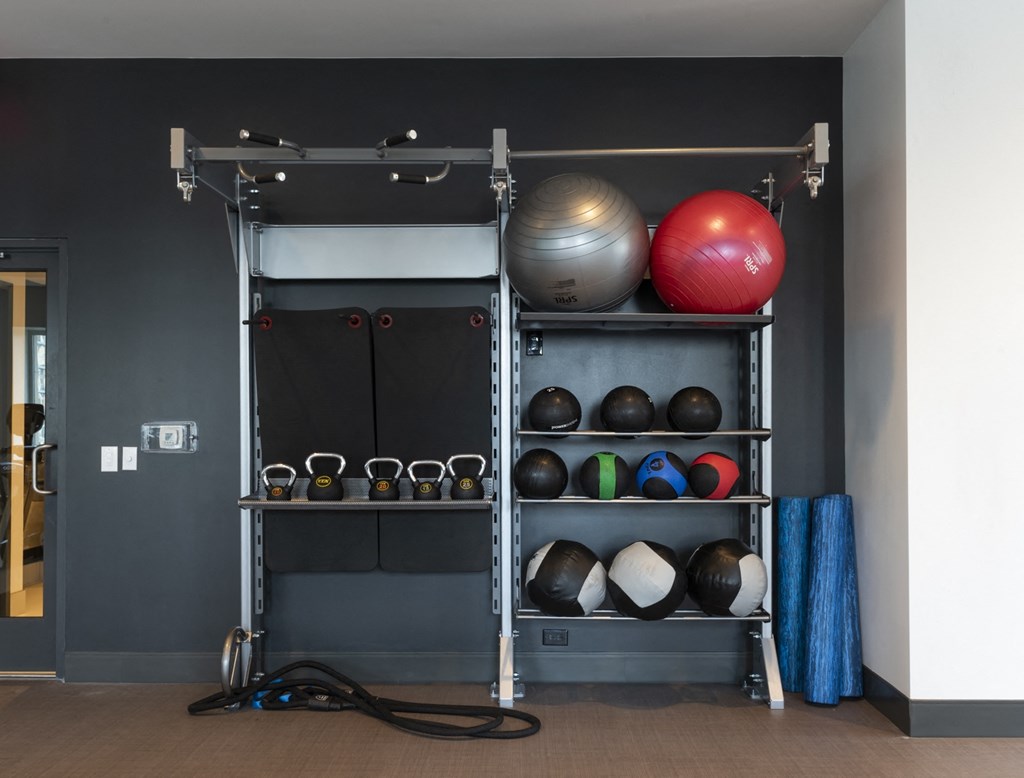 a workout room with spheres and shelving on the wall