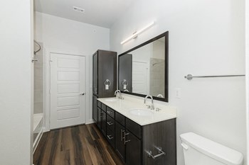 Bathroom with hardwood floors, dark cabinetry, and plenty of bathroom storage