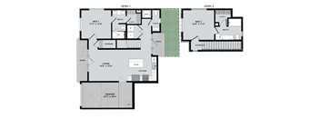 two-story, two-bedroom floorplan with private yard